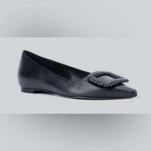 Aquatalia Jena Pointy Toe, Adorned Woven Leather Square Fixture Black Flats Sz 7